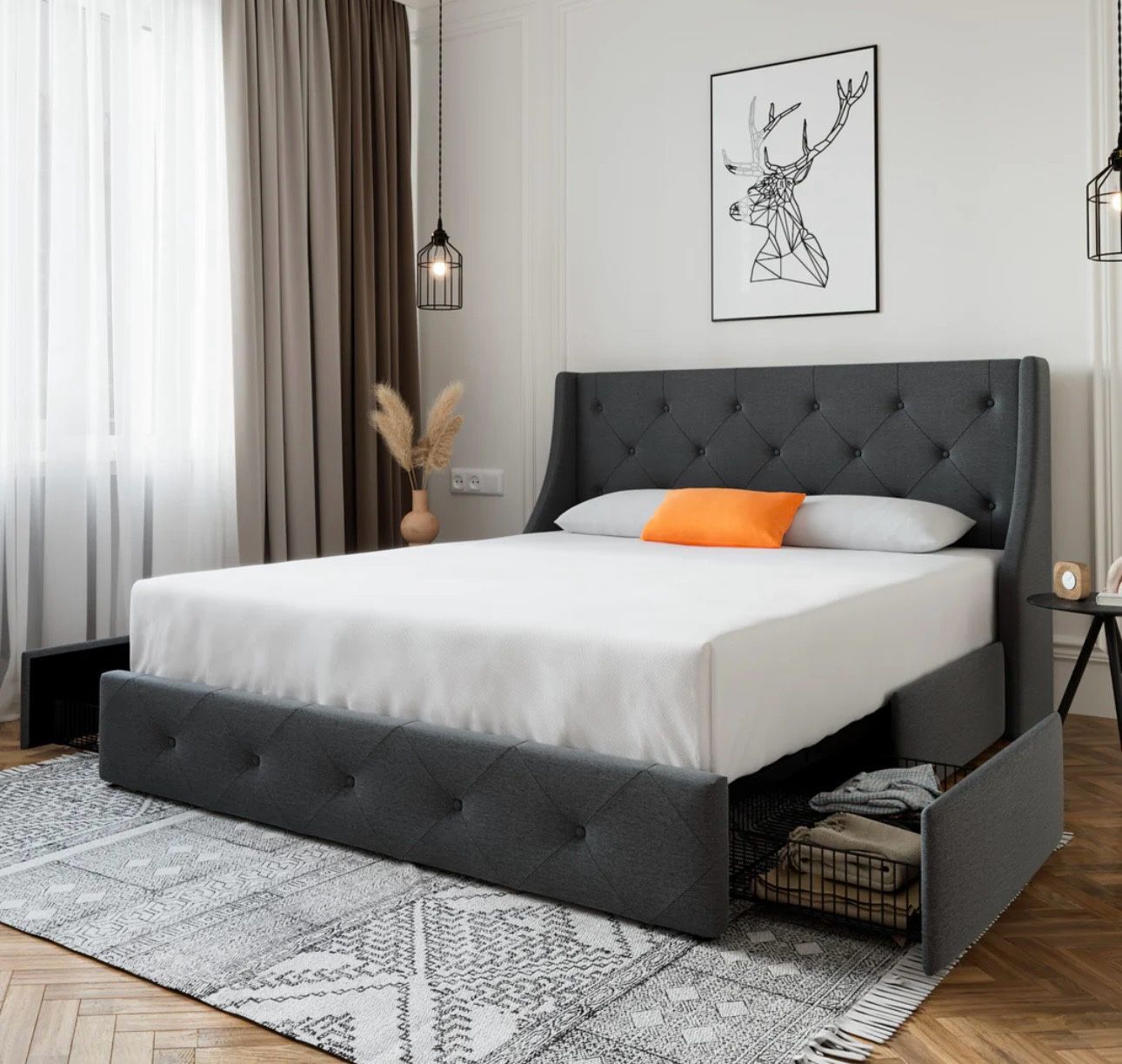 Upholstered Full Size Platform Bed Frame with 4 Storage Drawers and Wingback Headboard, Diamond Stitched Button Tufted Design, No Box Spring Needed, D
