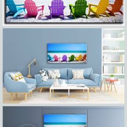 Beach Canvas Wall Art for Living Room, PIY Blue Sea with Colorful Chairs Picture Prints Decor, Relax Leisure Time Home Decorations (Waterproof, 30x60