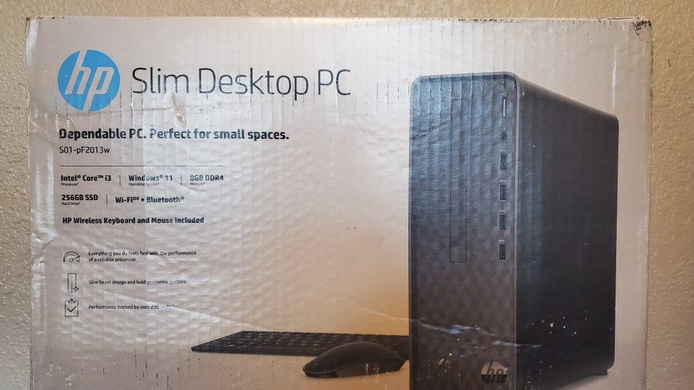 HP Slim Desktop, Intel Core i3-10105, 8GB RAM, 256GB SSD, Dark Black, Windows 11 Home, S01-pF2013w
