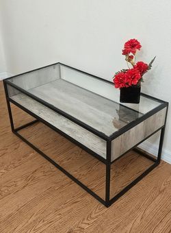 Rectangular Modern Glass Coffee Table with Bottom Shelf Black Metal Frame