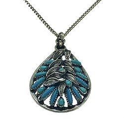 Southwestern Style Teardrop Pendant Necklace, Faux Turquoise Needlepoint, Boho Hippie Jewelry Accessory, Vintage Costume Jewelry for Woman or Teen