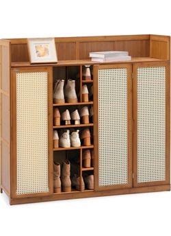 Large Wooden Shoe Cabinet with Rattan Doors