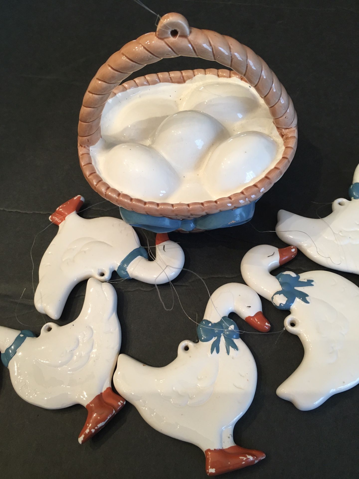 Vintage Ducks With A Basket Of Eggs Wind Chine PotteryThe Ducks Are 2” X 3” The Basket Is 5x 6” 4” H Vintage Use
