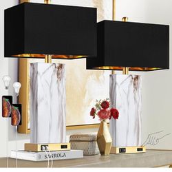 Touch Control Table Lamps Set of 2, Modern Contemporary Bedside Lamp with 2 USB Ports 1 AC Outlet, 3-Way Dimmable Nightstand Lamp Faux Marble Gold Bla