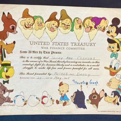 1944 WWII Walt Disney US Treasury War Bond Certificate  In 1943 Disney pitched in to raise war funds and granted the Treasury Department permission to