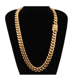 Cuban Chain Link- 12mm- 18K Gold, CZ Diamond Buckle Choker Necklace Hip Hop Jewelry, 24” Length