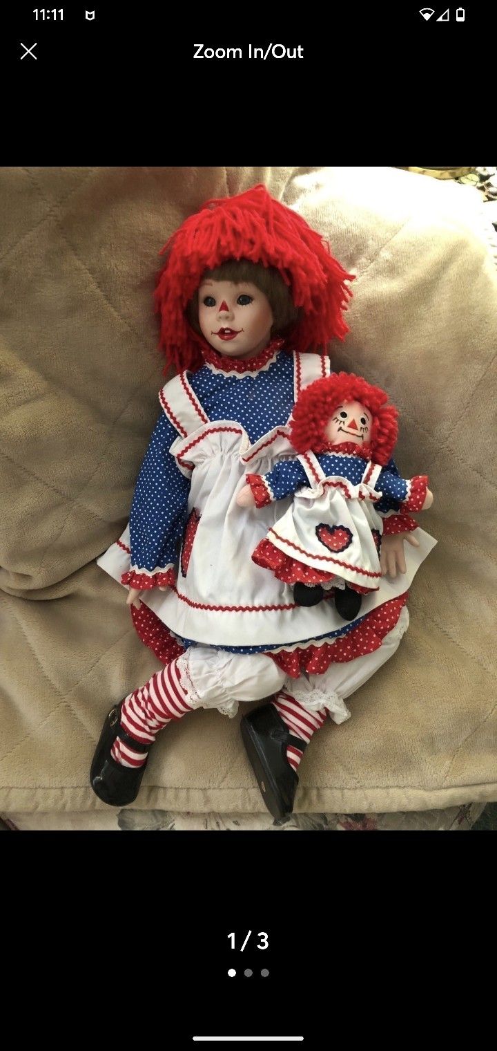 NEW DANBURY Mint Beautiful Porcelain Collectible PORCELAIN Life-like RAGGEDY ANN AND Miniature SOFT RAGGEDY ANN