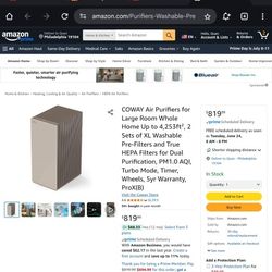 COWAY Air Purifiers for Large Room Whole Home Up to 4,253ft², 2 Sets of XL Washable Pre-Filters and True HEPA Filters for Dual Purification, PM1.0 AQI