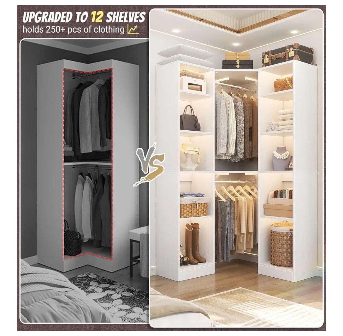 Corner Closet System With 12 Shelves, 40" Large Organizer With 2 Hanging Rods, Versatile 6-Tier Walk-in Closet for Corner Space, White