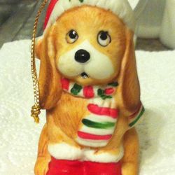 Vintage House Of Lloyd Ceramic Dog Ornament w Santa Hat & Scarf Christmas