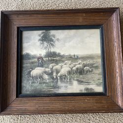 Antique Sheep Picture Wood Frame