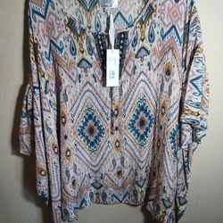 New Jade Johnny Was Haya Poncho Top Pop Over Tunic Boho Southwestern Lightweight Women XL