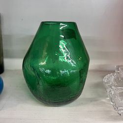 MID century MCM vintage Green crackle glass pinched dimples vase by Pilgrim