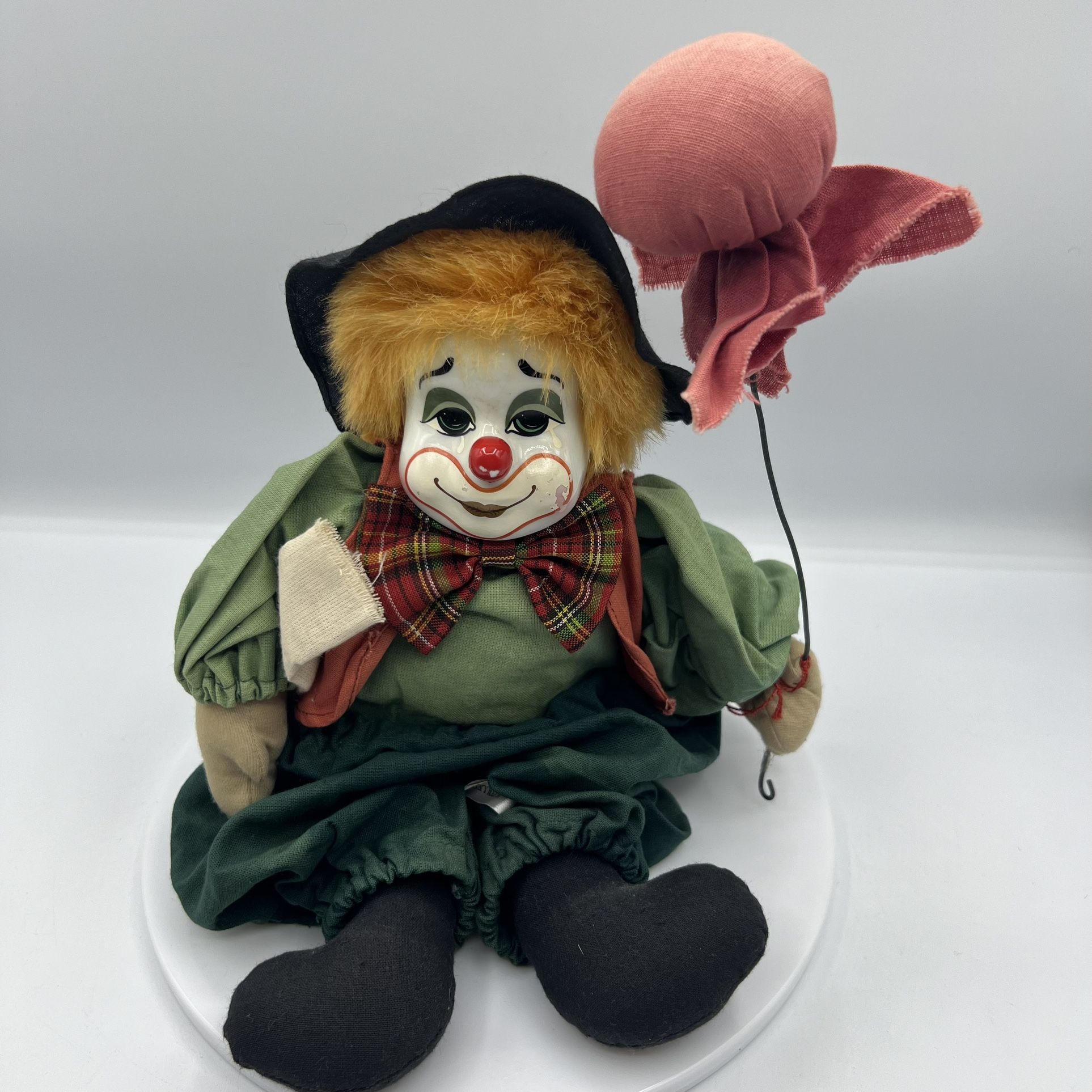 Vintage Rag & Porcelain Hobo Clown Doll with Red Balloon- 12 inches tall
