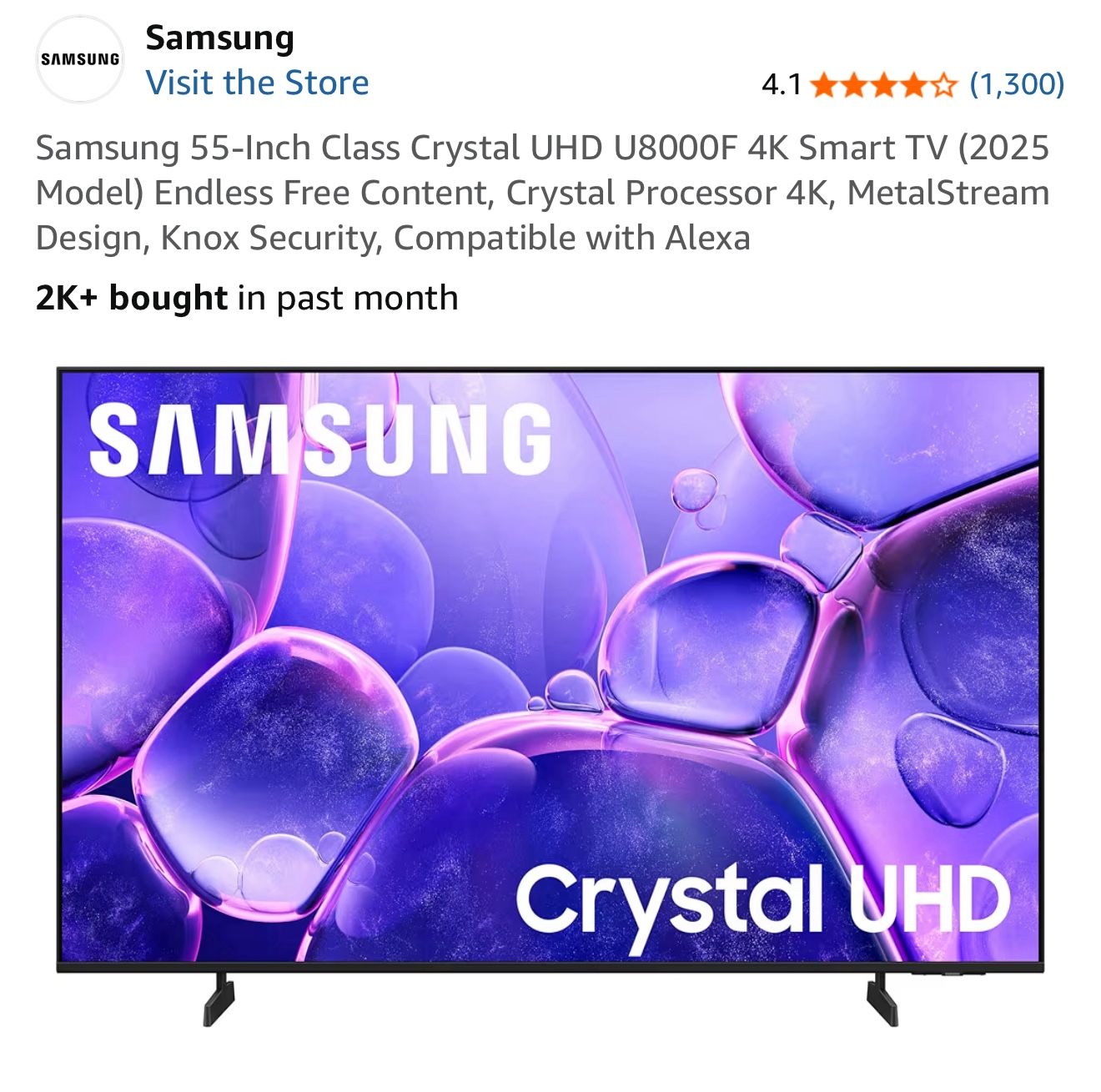 Samsung 55-Inch Class Crystal UHD U8000F 4K Smart TV (2025 Model)