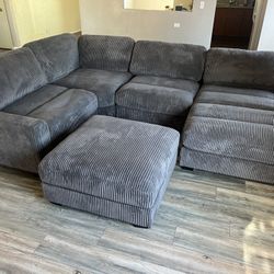 New 5 Piece Corduroy Sectional.  Grey / Beige.  90”x127”x66”.  Free Delivery!