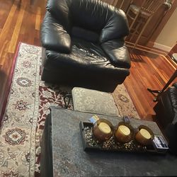 REAL Black Leather Chair And Leather Ottoman