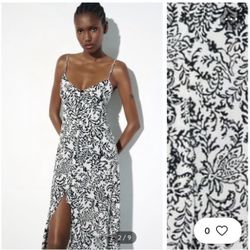 NWT Zara White/Black Lingerie Style Floral Printed Midi V-neck Dress Size M