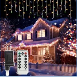 Icicle Christmas Lights Outdoor, 38.8Ft Plug in Icicle String Light with 8 Lighting Modes