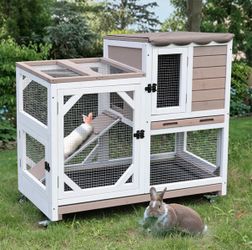 Air7013 2-Story Wooden Rabbit Hutch AIR7013, Rabbit House on Wheels - Mocca