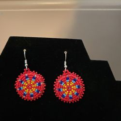 Handmade Beaded Round Red Earrings 