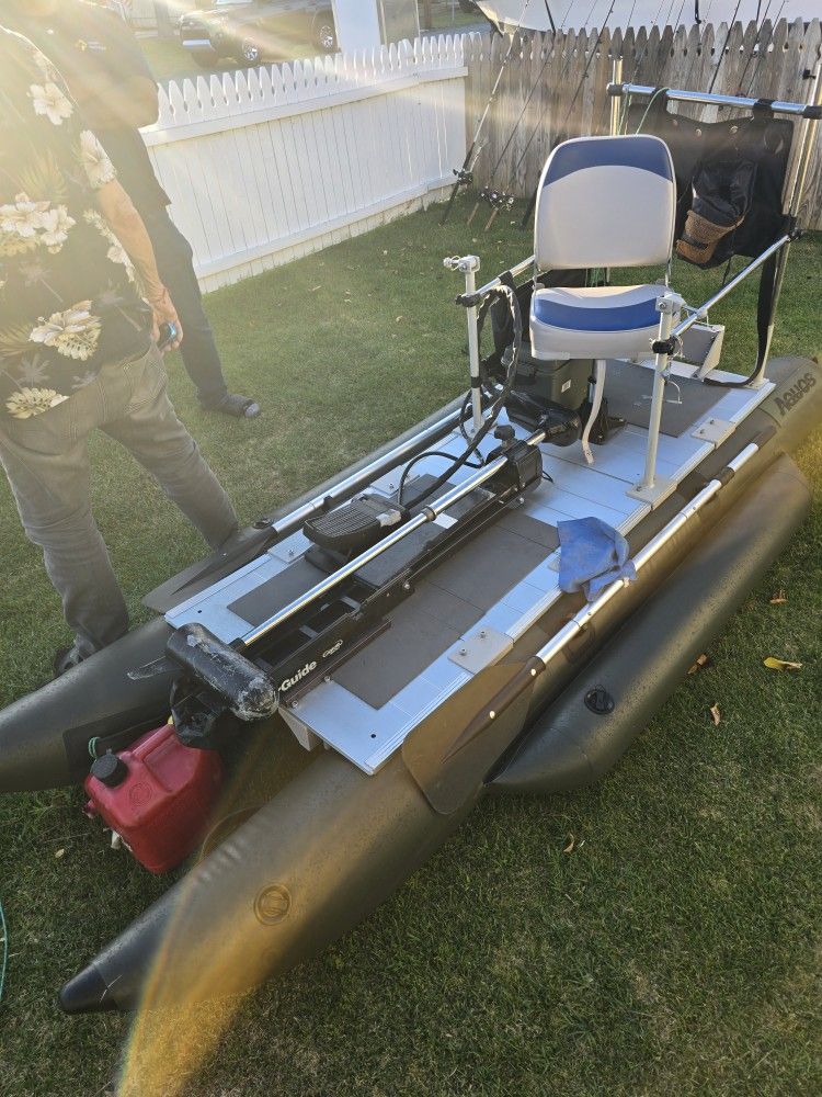 AQUOS 10.2 Plus ft Inflatable Pontoon Boat with Haswing Black 12V 55LBS Remote Trolling Motor and Foot Control