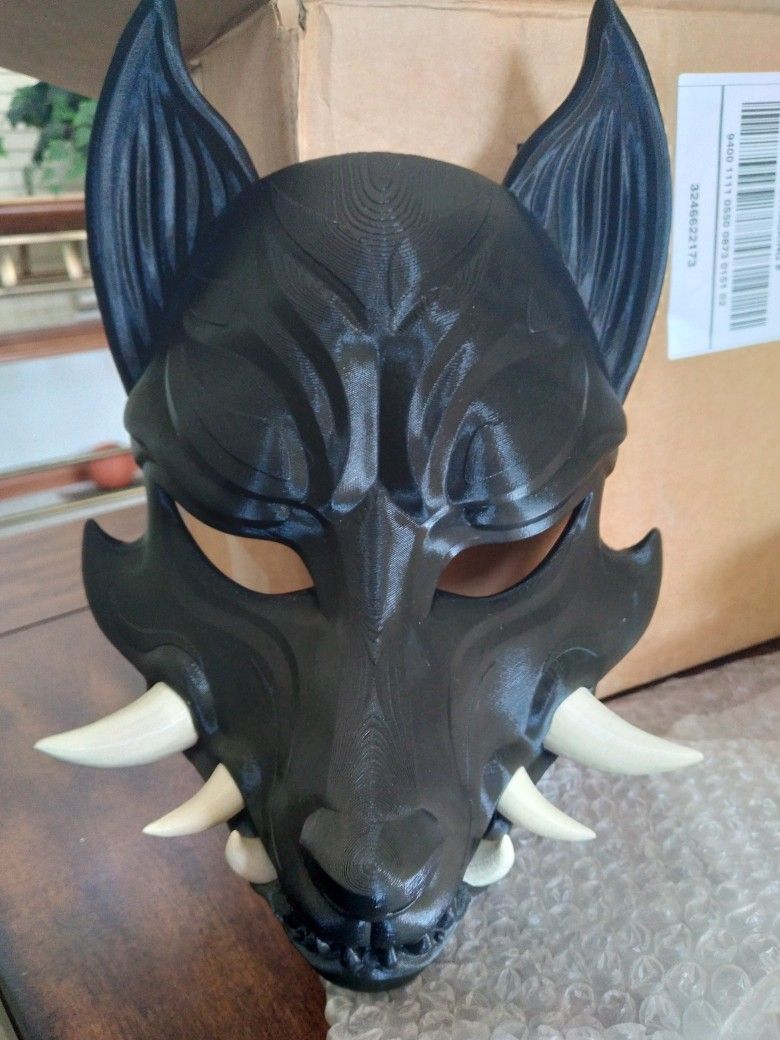 Japanese Black Fanged Kitsune Mask 3D Printed Samurai Mask
