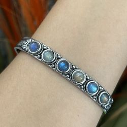 S925 Silver 6 pieces of natural stones cuff Bracelet,Silver Cuff bangle bracelet,Chunky bracelet,Silver Cuff bangle bracelet,Cuff bangle,Gift for her 