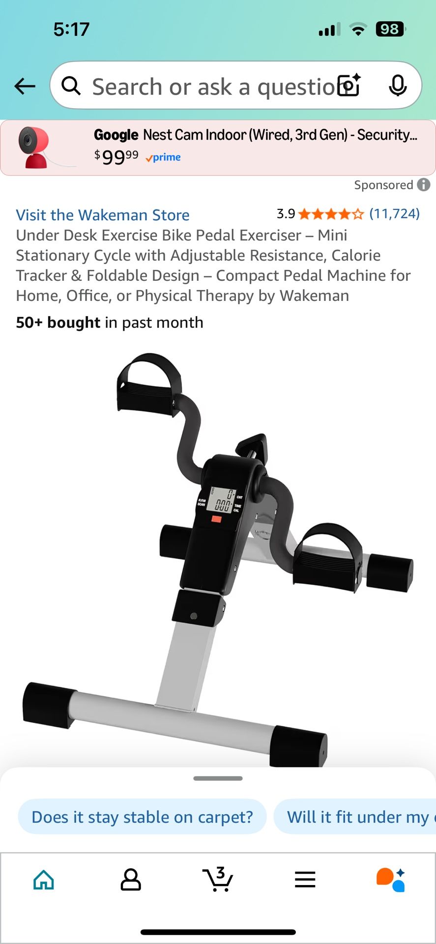 Wakeman Bike Exercise Under Desk Mini Stationary Cycle with Adjustable Foldable New