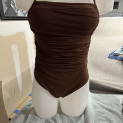 Brown One Piece Swim Suit Thong Med