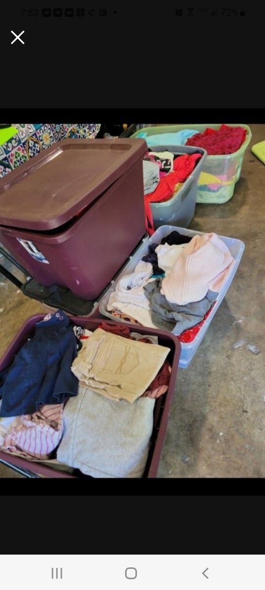 IM SELLING ALL THE BOXES USED CLOTHES SIZE ARE 10 12 AND 14 YRS FOR.GIRLS AND SOME FOR WOMENS AND MENS