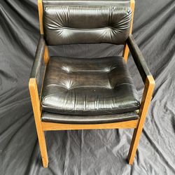 Vintage Mid-Century Modern Wood & Black Vinyl Armchair