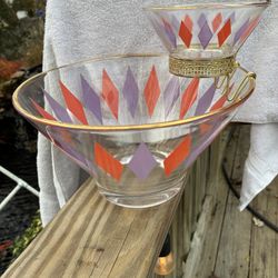 Gorgeous Vintage MCM Anchor Hocking Harlequin Diamond Pattern Dip And Chip Bowl