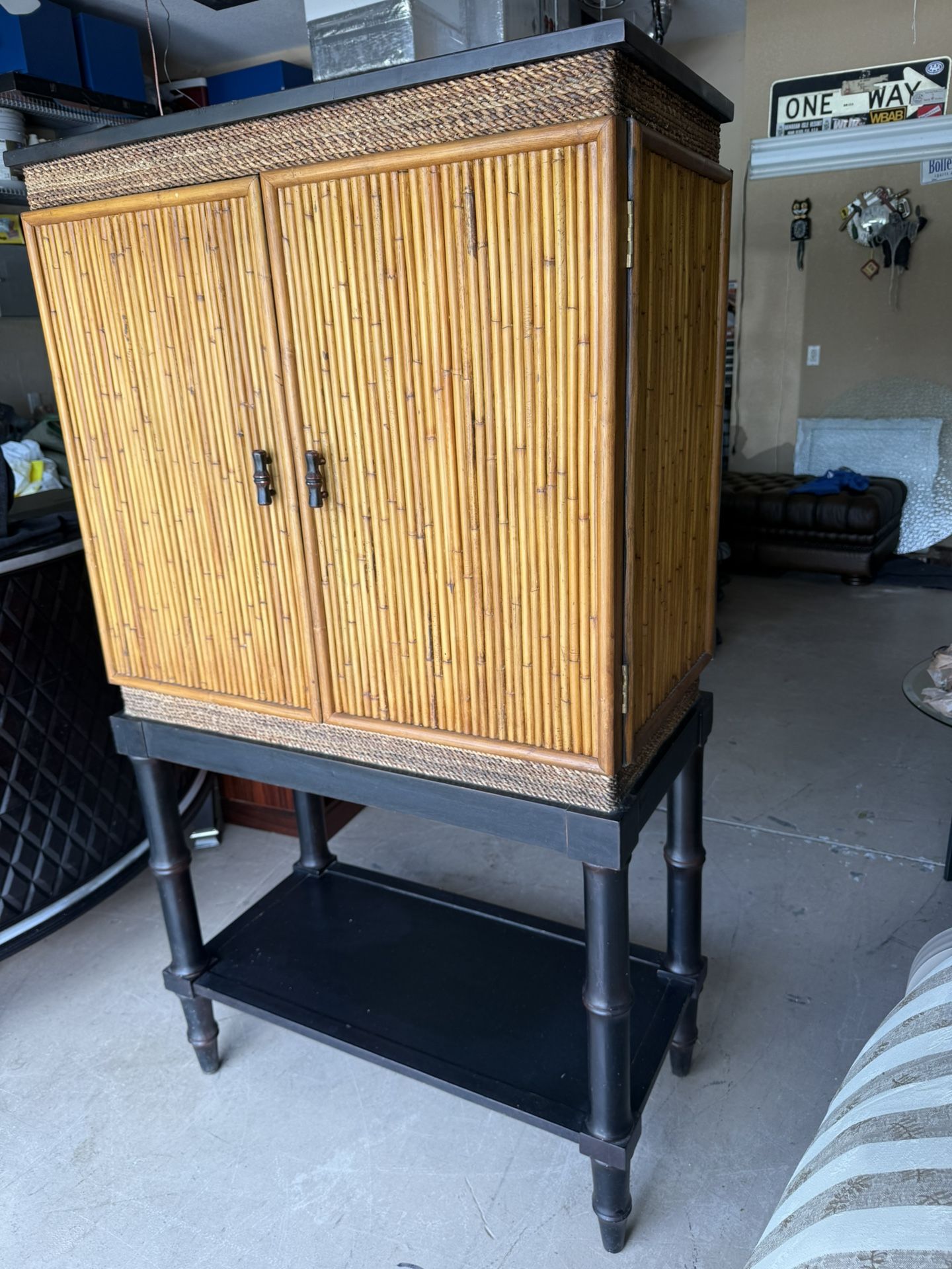 Tommy Bahama style TIKI bar, liquor cabinet, wine cabinet with glass rack, and wine rack