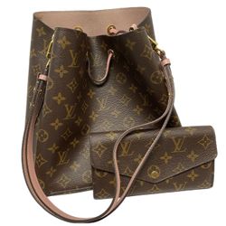 Louis Vuitton Neo Noe LV Monogram Bag Brown & Pink Rose Poudre &  Sarah Wallet Canvas Long Wallet, Rose Ballerine