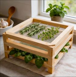 11.8in Square Wooden Desktop Herb Drying Rack - No-Drill Stackable Mesh Drying Rack | Dries Herbs, Flowers, Pasta & Veggies | Apartment Kitchen Counte