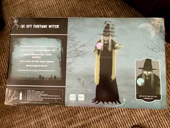New in box Animated 5-foot tall Halloween prop by Seasonal Visions International. This Fortune Witch animatronic has light-up LED eyes