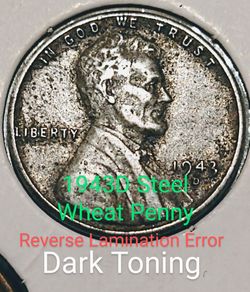 1943-D Steel Penny with Dark Toning and Mint Error across the Reverse