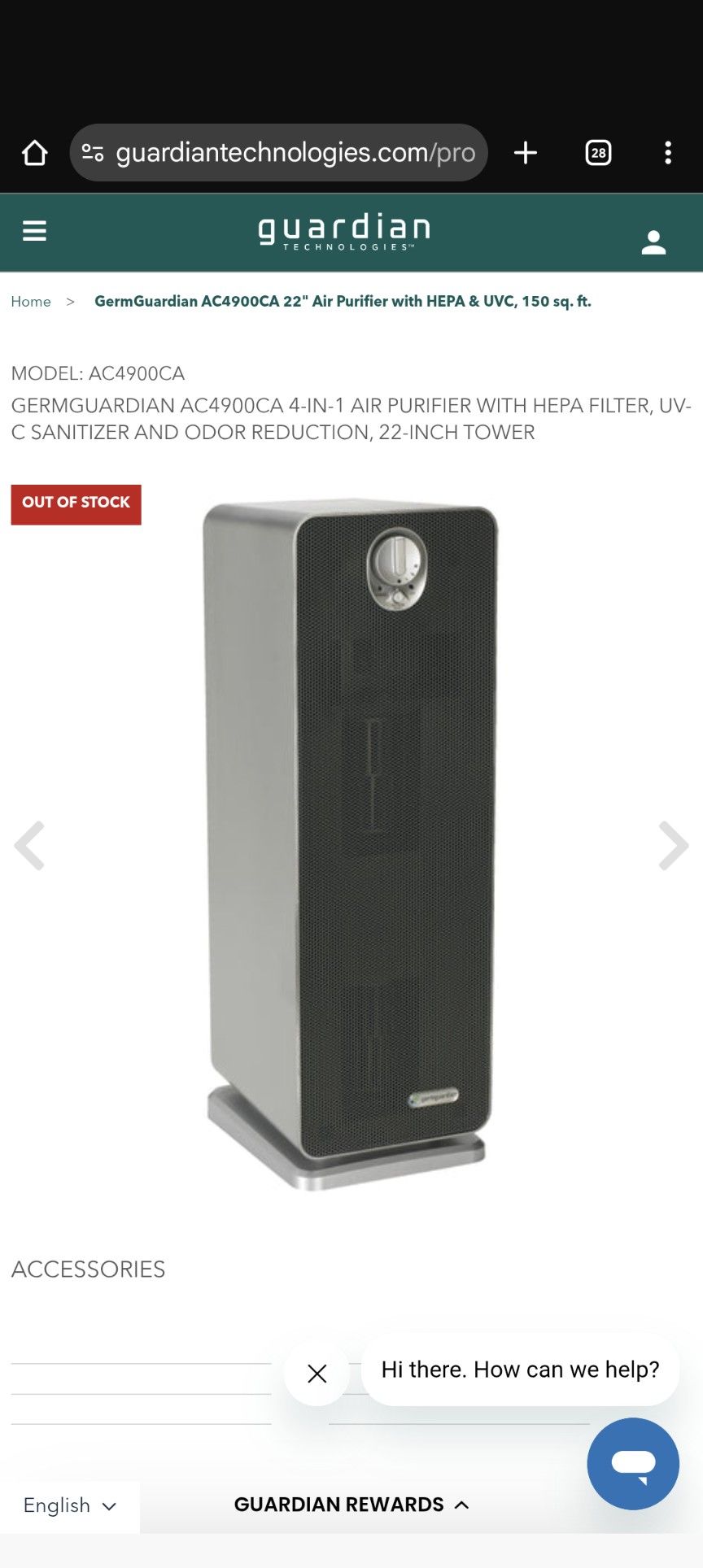 GermGuardian AC4900CA 4-in-1 Air Purifier with HEPA Filter, UV-C Sanitizer and Odor Reduction, 22-Inch Tower