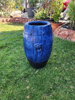 Vintage Ceramic Blue Glazed Planter /Pot \Base Foo Dog & Ornamental studs Asian Design