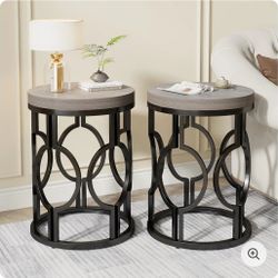 NY190Round End Table, Industrial Side Table with Metal Hollow Frame