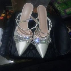 White Pointed Toe Rhinestone Ankle Strap Heels - Size 7