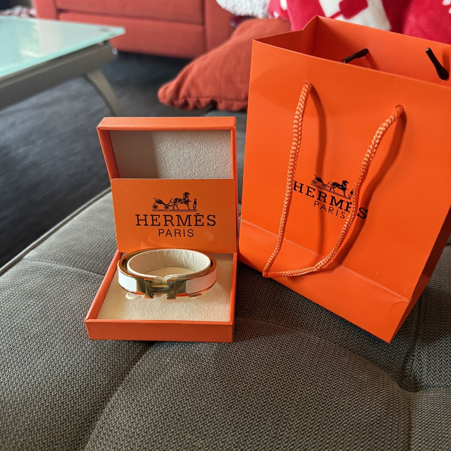 Hermes Clic H Bracelet PM Gold Plated White