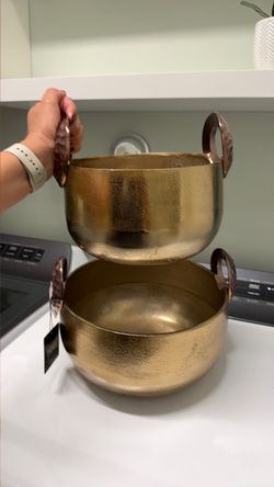 Set of 2 Gold Decorative Metal Bowls with Ring Handles