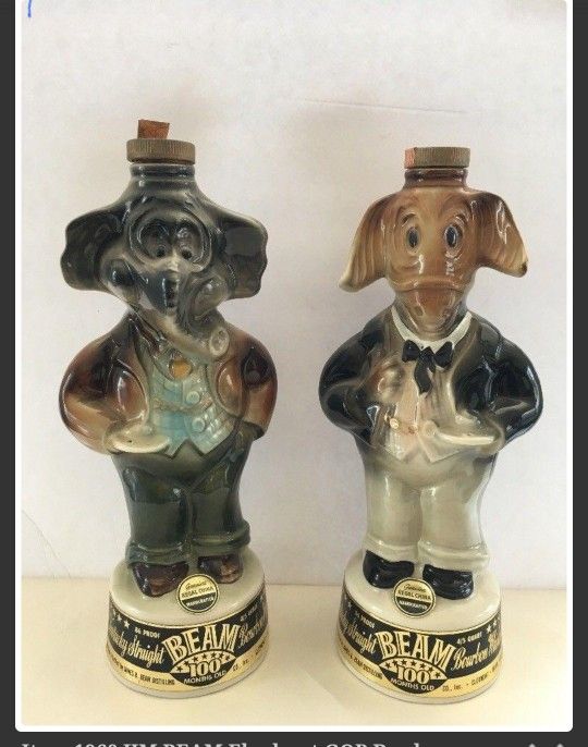For your consideration is a two piece Jim Beam Kentucky Straight Bourbon Whiskey 86 proof decanter set featuring a GOP Republican Elephant & a Democra