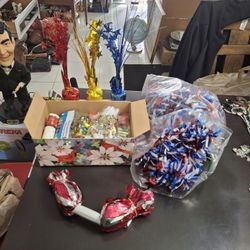 New Never Been Used Bundle Of Celebration Supplies Includes: 30 FT Red, White & Blue Tinsel Garland, Party Poppers & Blowouts & 3 Table Top Starbursts