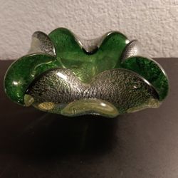 STUNNING NEW Murano Italy 5" Green Silver Aventurine Folded Bowl.