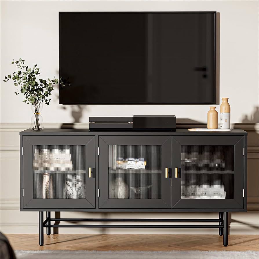 Assembled TV Stand for TVs Up to 55", Modern TV Entertainment Center with Acrylic Doors, Metal and Wood TV Cabinet with Storage, TV Console Table for 