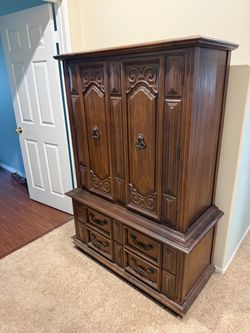 Vintage Solid Wood Armoire / Wardrobe – Ornate Carved Details – $100