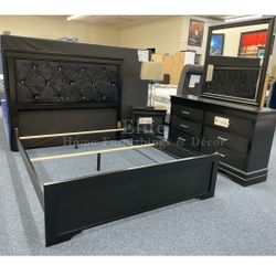 Queen Black Bedroom Set (bed Frame, Dresser, Mirror And One Nightstand)